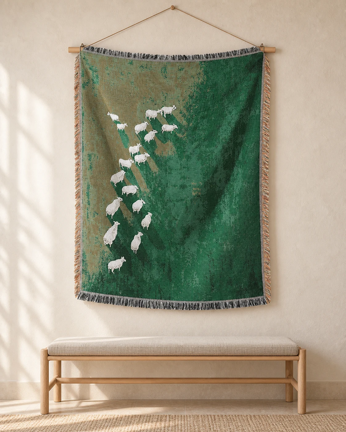 White sheep across a green meadow tapestry, hanging above a linen-cushioned bench