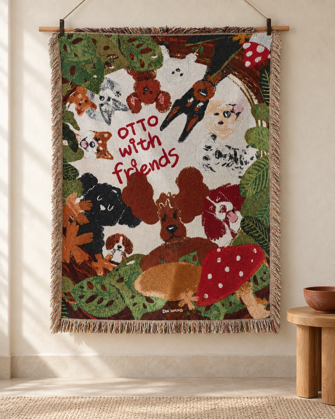 Colorful dogs, mushrooms and Otto with friends lettering on a hanging woven blanket