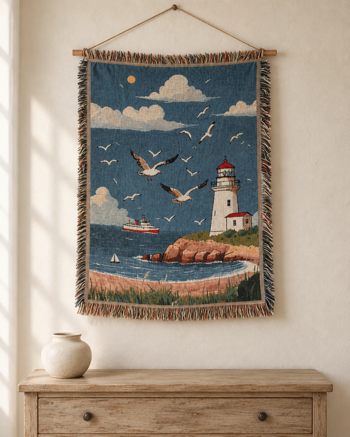 Seagulls and a coastal lighthouse on a blue woven tapestry