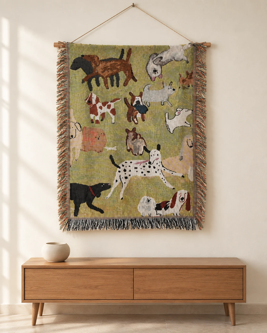 A collection of playful dogs on an olive green woven tapestry