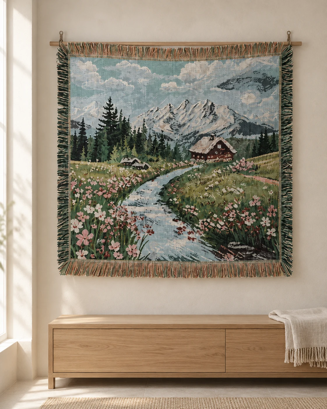 A square tapestry of a mountain cabin, flower meadow and stream above a pale wood cabinet