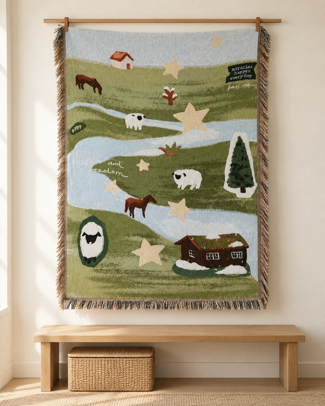 Sheep, horses, stars and cottages beside a blue river on a green woven tapestry