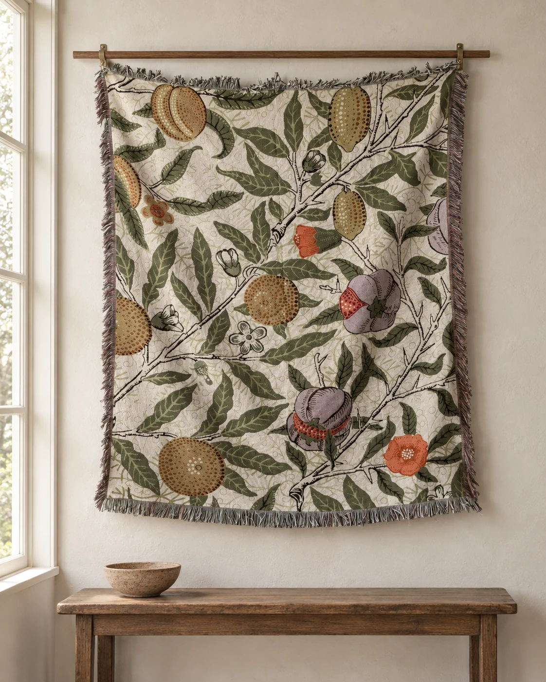 Cream tapestry with diagonal leafy branches, ochre fruits and muted purple and orange flowers