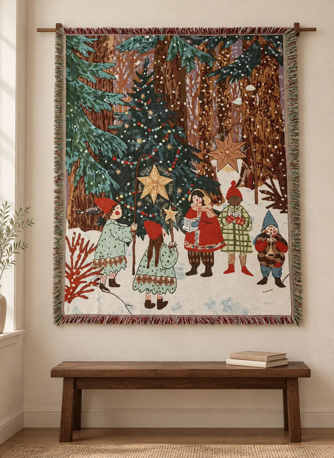 Five bundled winter figures in snow, star lanterns, decorated evergreen tree and brown forest trunks