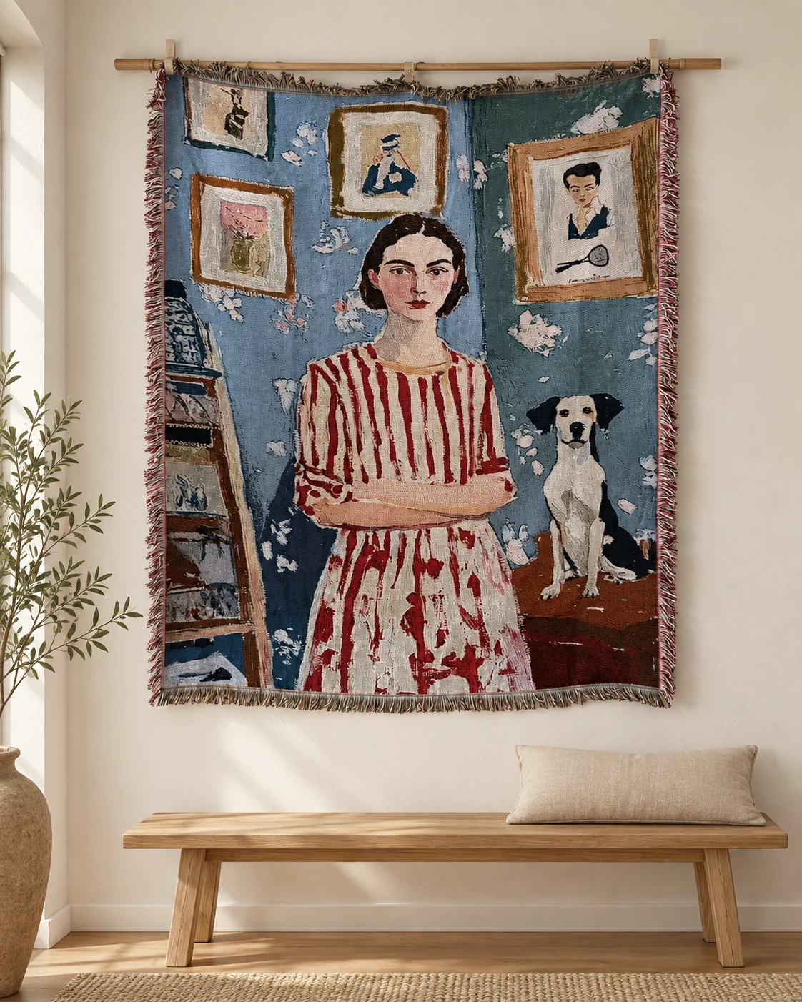 Central short-haired woman in red-white striped dress arms folded, black-white dog at right, blue background with framed portraits
