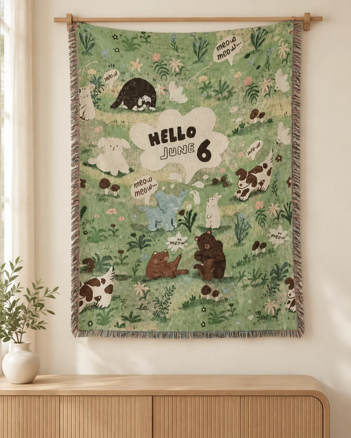 Sage green playful animal and floral pattern, center cream cloud with exact HELLO JUNE 6 lettering and small meow speech bubbles