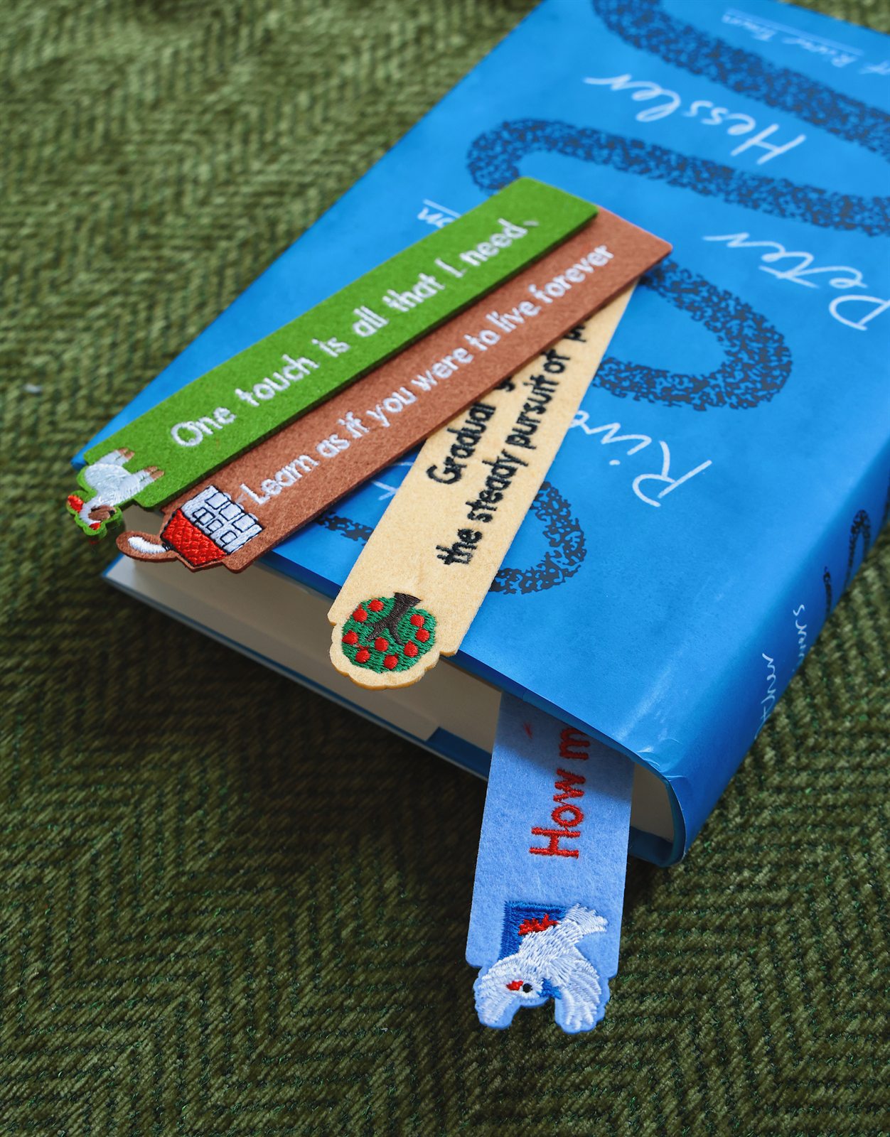 Colorful bookmarks and books arranged on a blue textile over green fabric